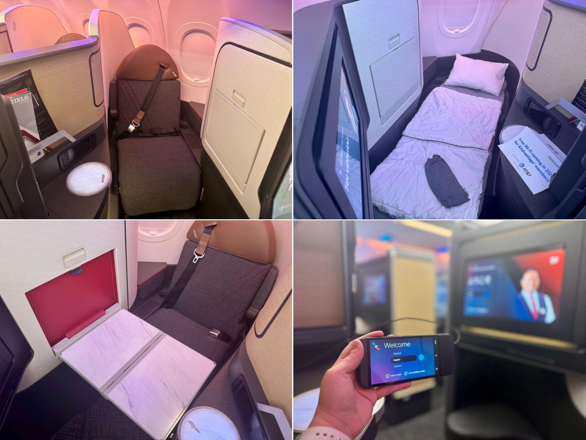 A quad collage of business class seat, bed, and remote control.