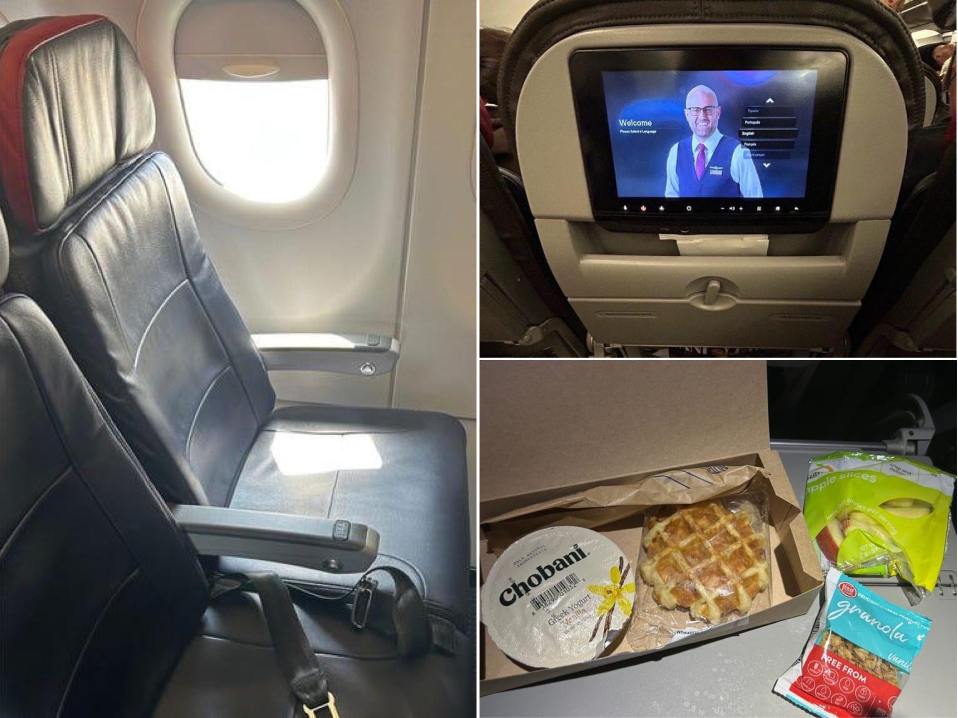 Collage of A321T economy seat.