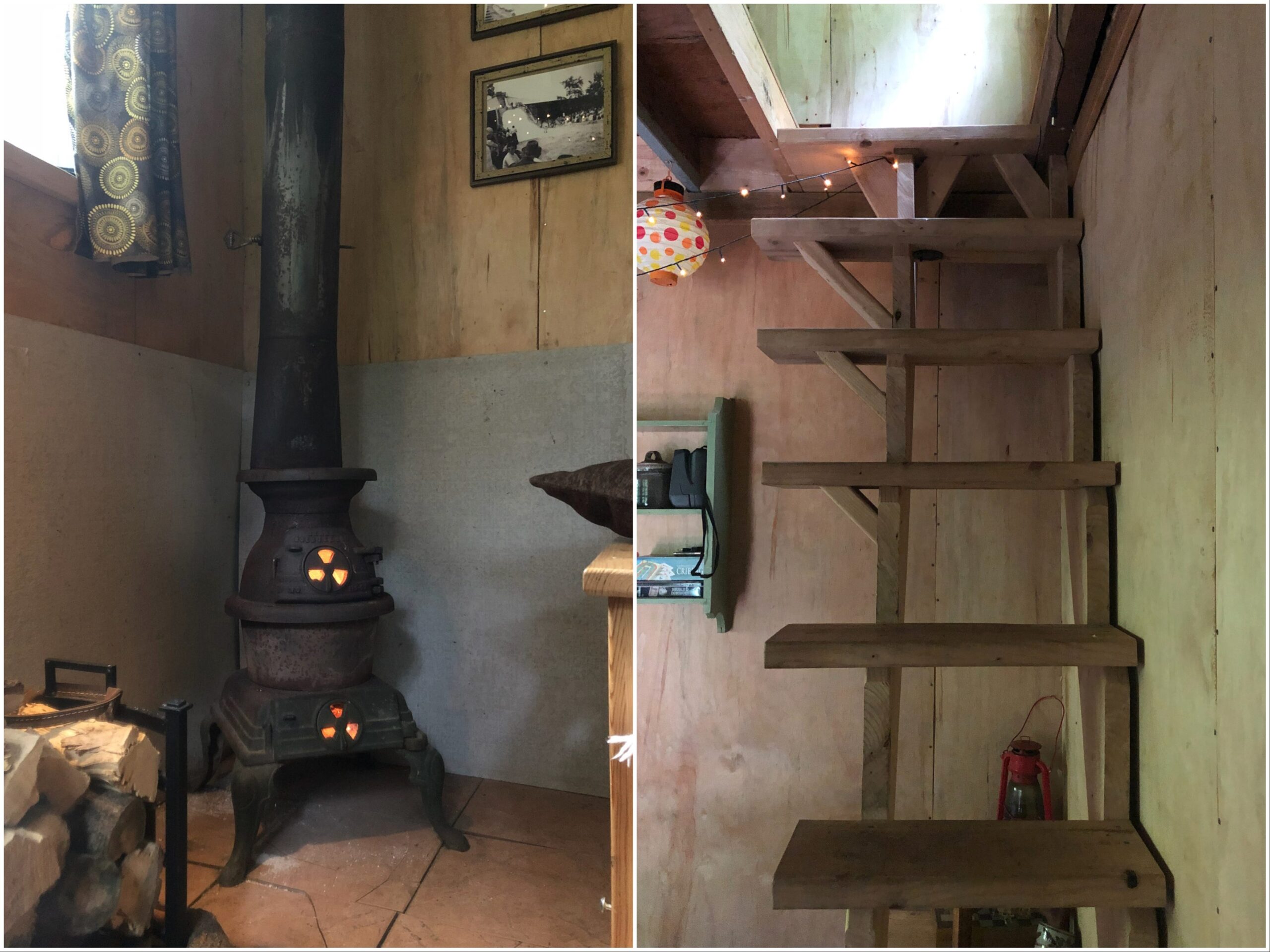 Der Holzofen und die fertige Treppe in der Hütte von Patrick Hutchison.